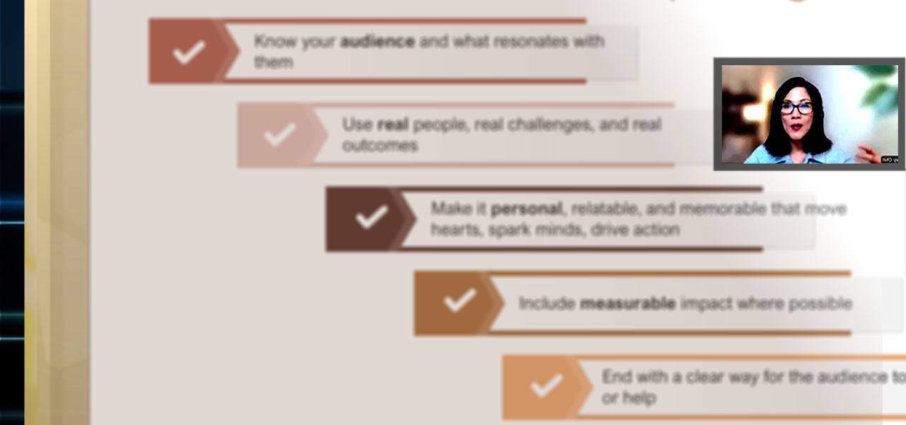 Ivy Chin hosting a live online session — visible in the video thumbnail top-right — presenting Elements of Effective Storytelling to her audience